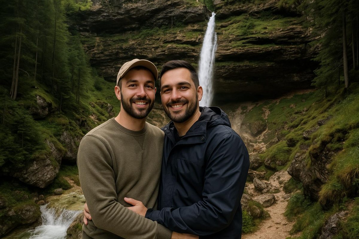 Gay couple at Pernicnik waterfall Slovenia