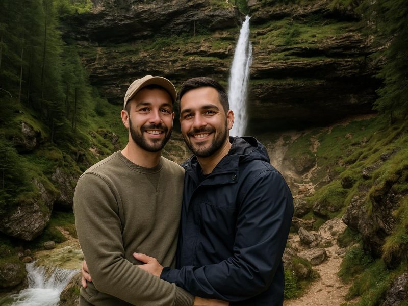 Gay couple at Pernicnik waterfall Slovenia